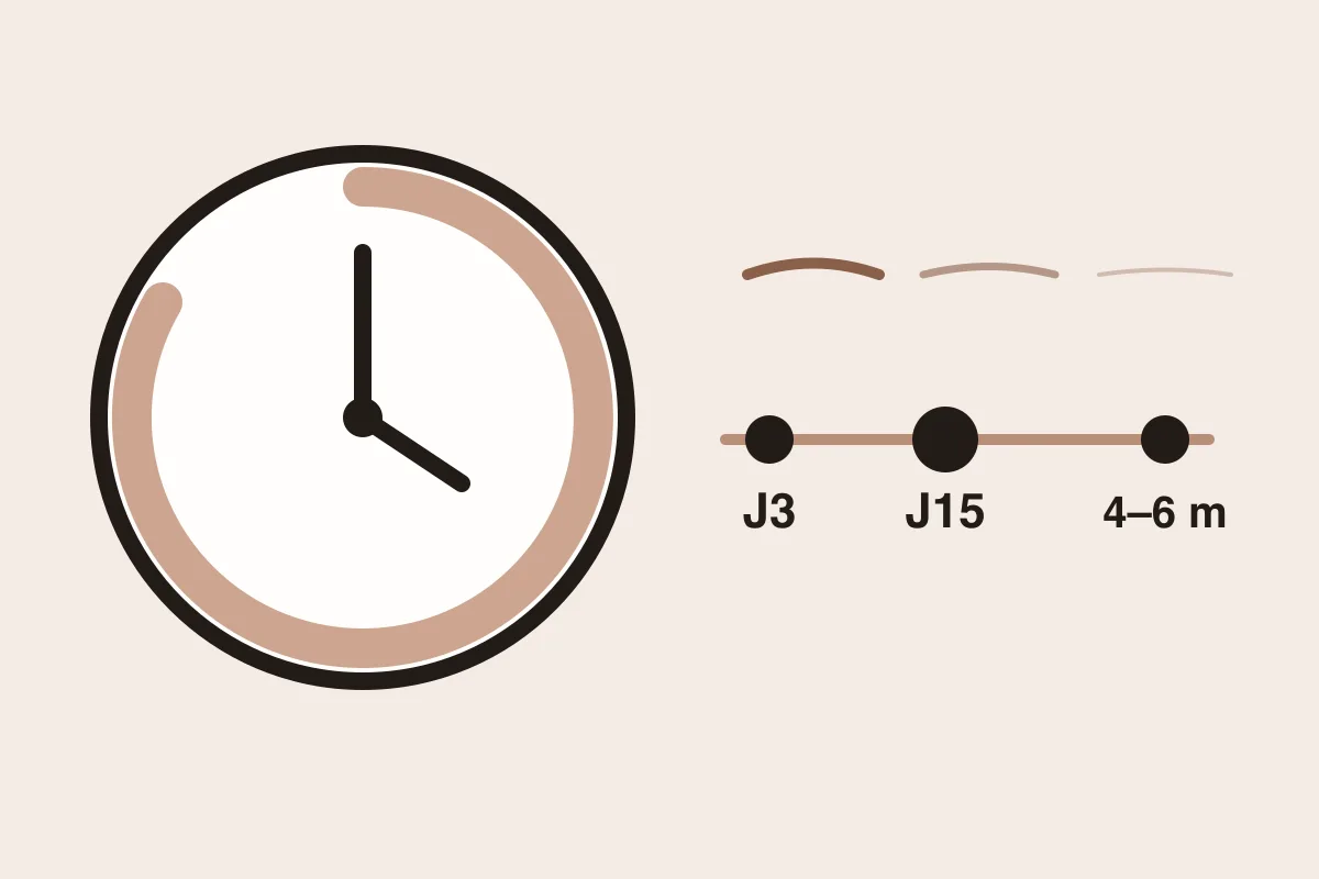 Illustration : horloge et frise des délais d'effet de la toxine botulique (J3, J15, 4 à 6 mois)