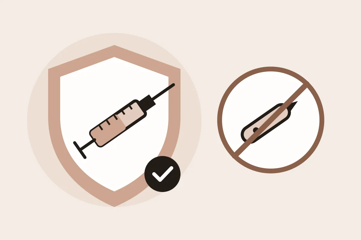 Illustration : seringue protégée par un bouclier, stylo injecteur sans aiguille barré